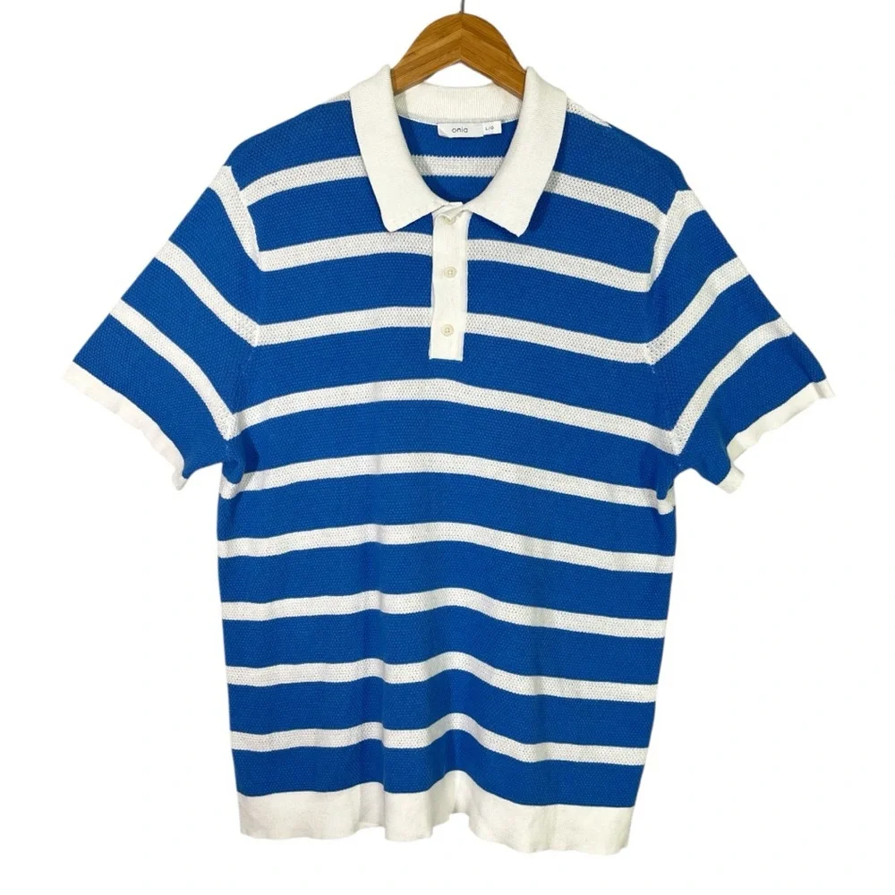 Onia Mens Blue and White Striped Perforated Knit Polo Size Large Short Sleeve - Picture 2 of 5